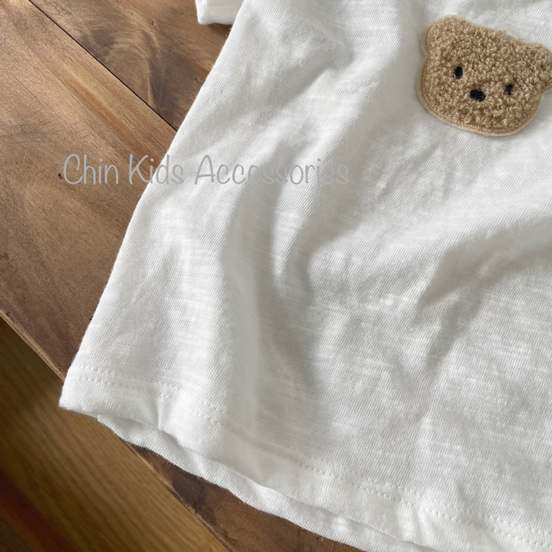 Áo cộc tay thêu gấu cho bé vải cotton xược mỏng mát