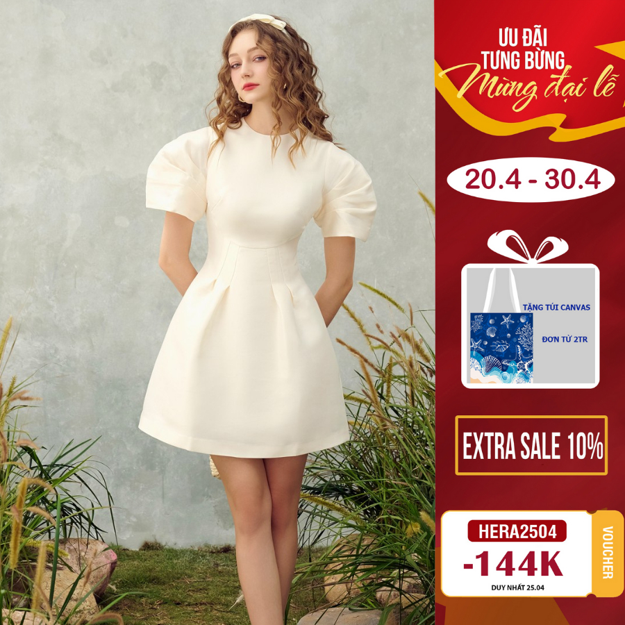 Đầm trắng xòe A thiết kế tay xếp bồng tiểu thư HeraDG phong cách tiệc tùng sang trọng chất liệu Tafta cao cấp SDPBC3038