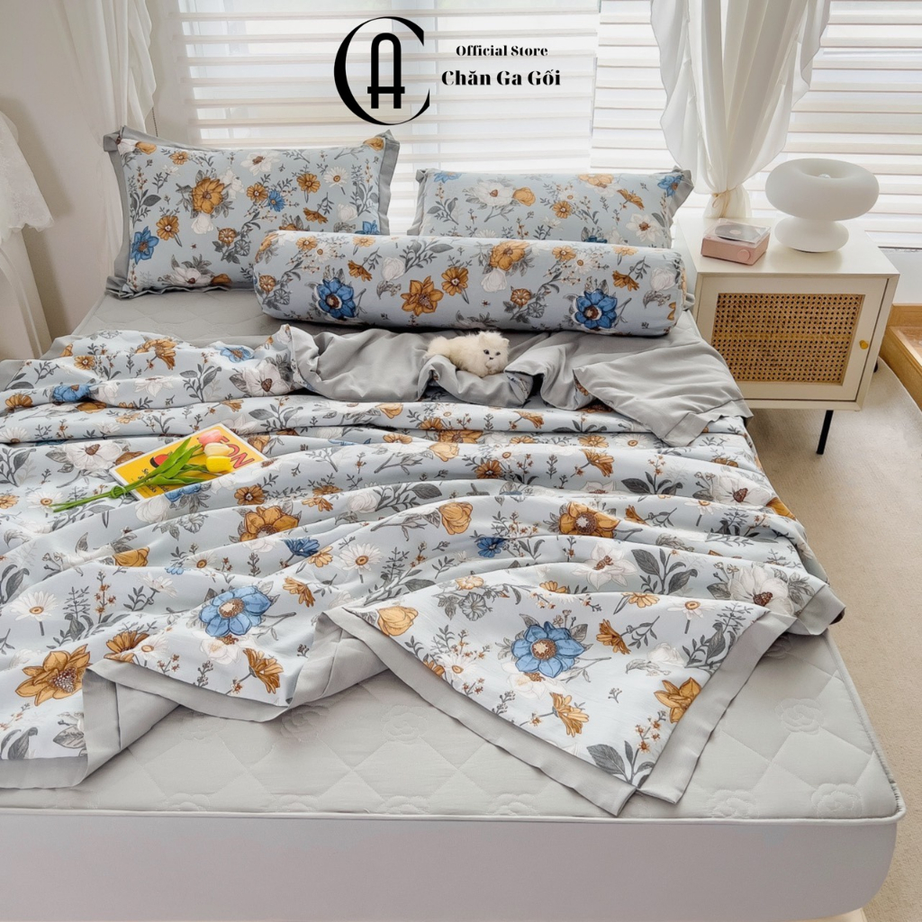 Bộ Chăn Ga Gối Cotton Đũi Hoa Thực Dược , Chất Liệu Bền Đẹp Kích Cỡ Đa Dạng CA Bedding Decor