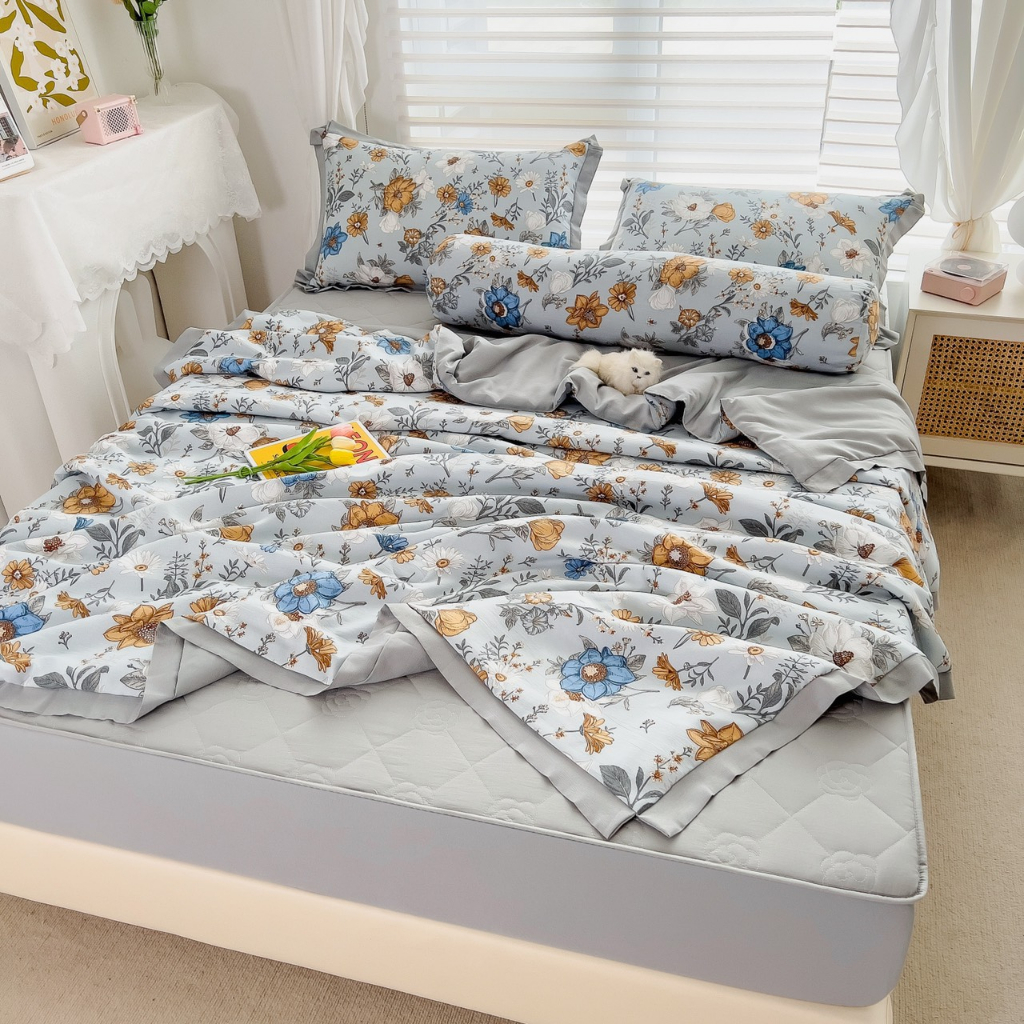 Bộ Chăn Ga Gối Cotton Đũi Hoa Thực Dược , Chất Liệu Bền Đẹp Kích Cỡ Đa Dạng CA Bedding Decor