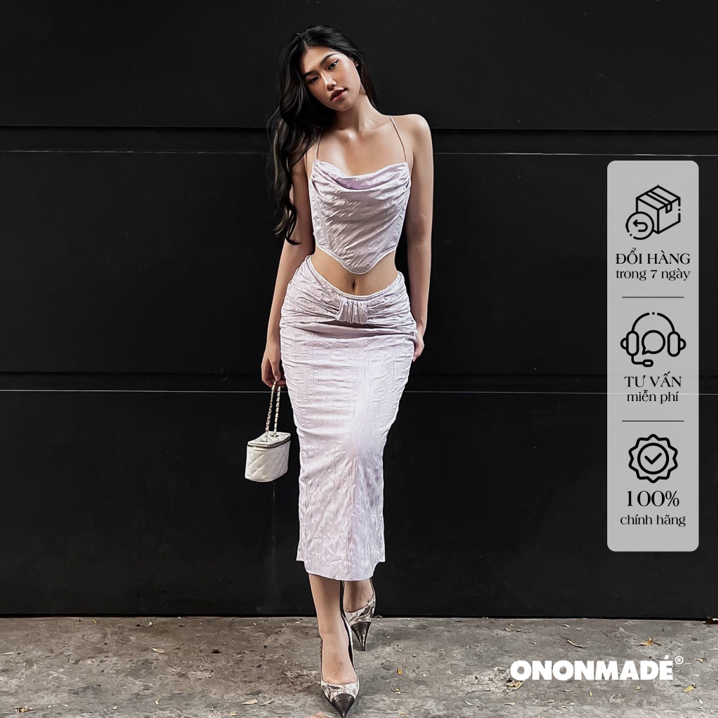 ONONMADE Set Áo Hai Dây Croptop Cổ Đổ Kèm Chân Váy Dài Màu Tím Phối Nơ Lavender Set