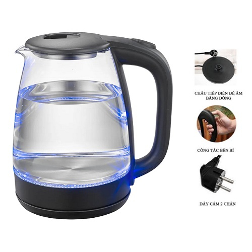 Âm Đun Siêu Tốc Thủy Tinh GUGKDD Cao Cấp Dung Tích 2L Công Suất 1500W Có Đèn LED Và Rơ Le Tự Ngắt An Toàn