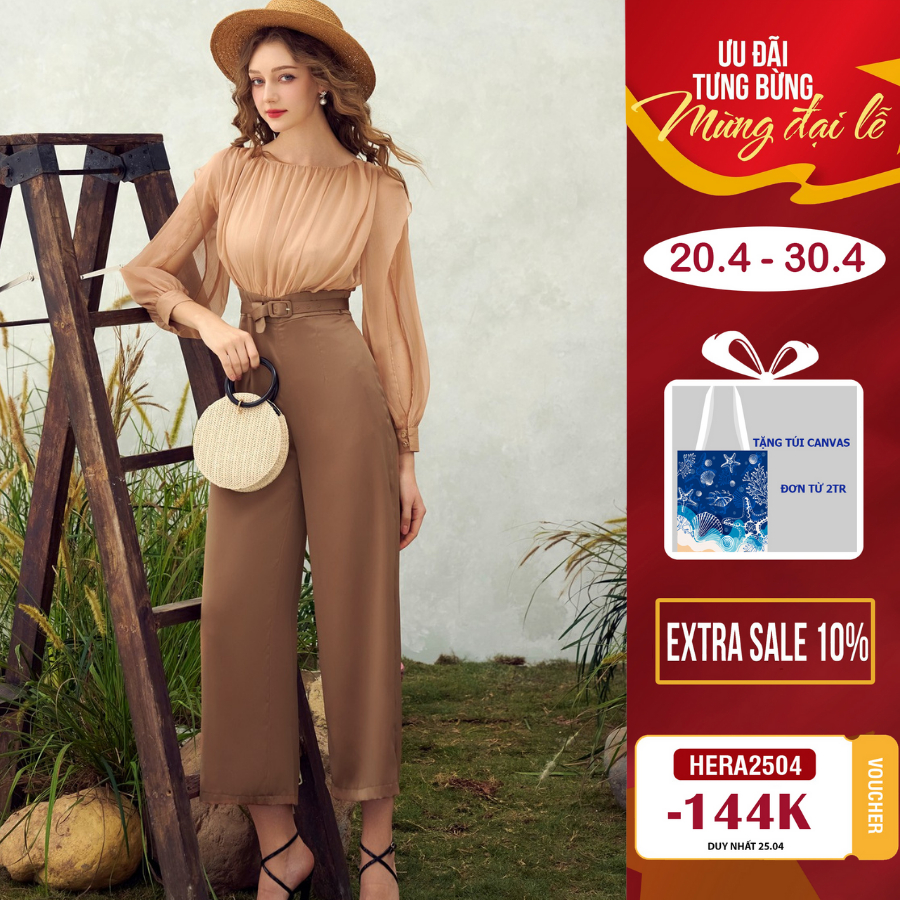 Jumpsuit HeraDG thiết kế thân trên áo lụa xếp nhún cách điệu, quần dài tuytsi suông giúp kéo dài đôi chân SJSBC3002