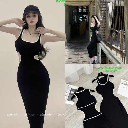 Đầm body sát nách khoét eo phối viền chất thun dày dặn free size dưới 55kg