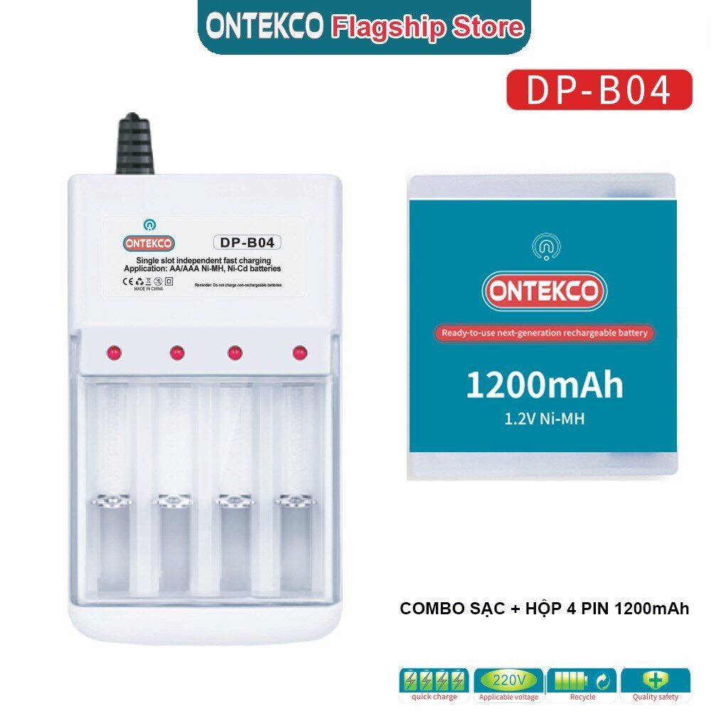 Combo đế sạc 4 cổng ONTEKCO DP-B04 và 4 pin sạc ONTEKCO AA 1200mAh chuyên dùng micro hát karaoke