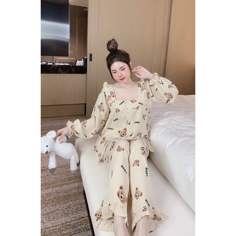 Bộ Tay Dài Chun's Sleepwear Cổ Vuông Tiểu Thư, Măc Nhà Dễ Thương