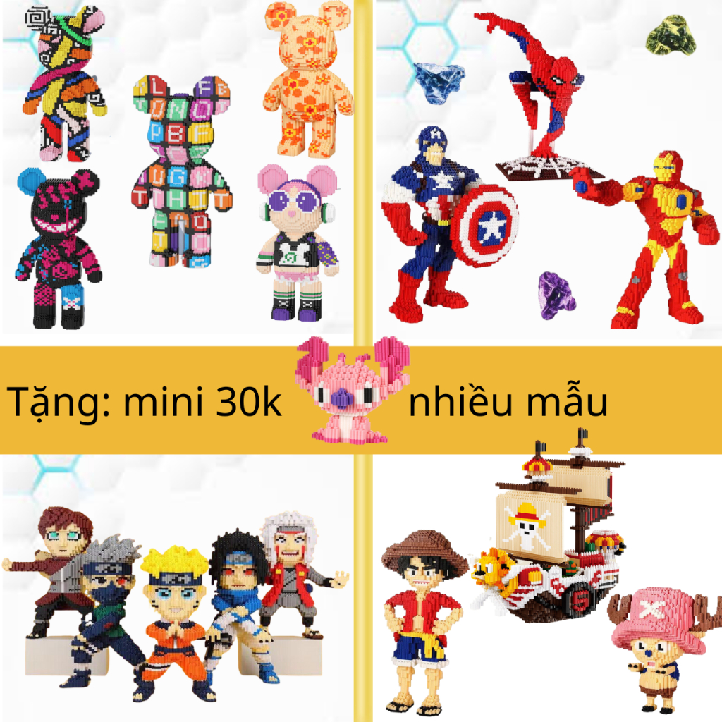 Mô hình lắp rắp nhân vật naruto, gaara, kakashi, sasuke, jiraiya, gấu bearbrick cỡ lớn, 45cm, 47cm