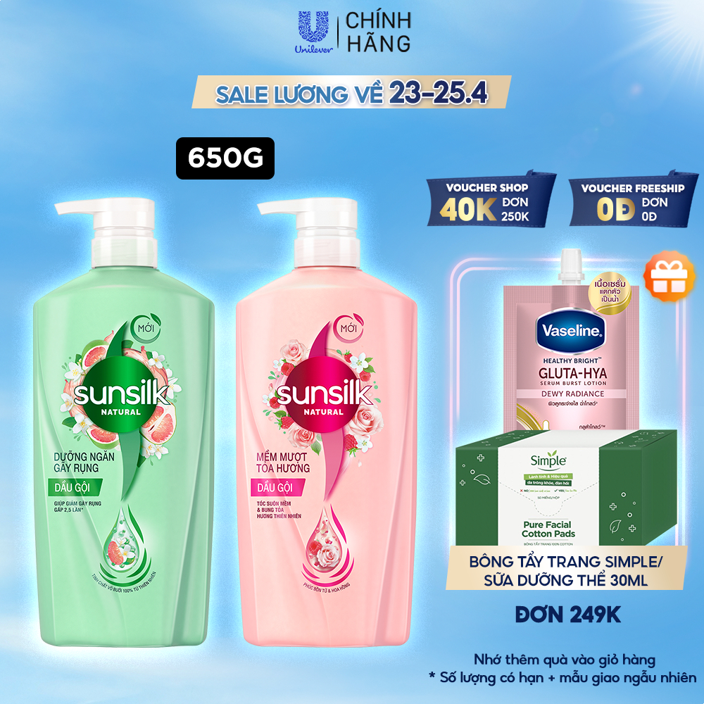 Dầu gội Sunsilk Natural 650g thành phần 100% thiên nhiên cho mái tóc tỏa hương sống động 48h và giảm gãy rụng gấp 2,5lần