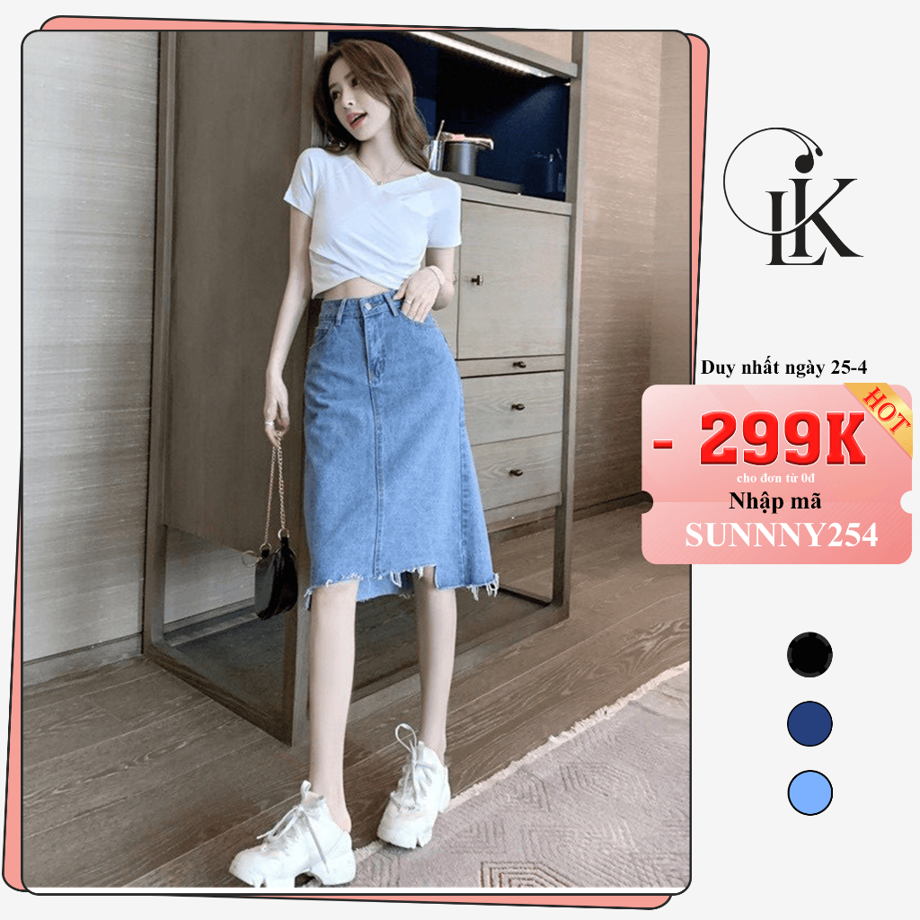 Chân Váy Midi SUNNNY Chân Váy Jean Cạp Cao Rách Gấu Phong Cách Ulzzang_A5
