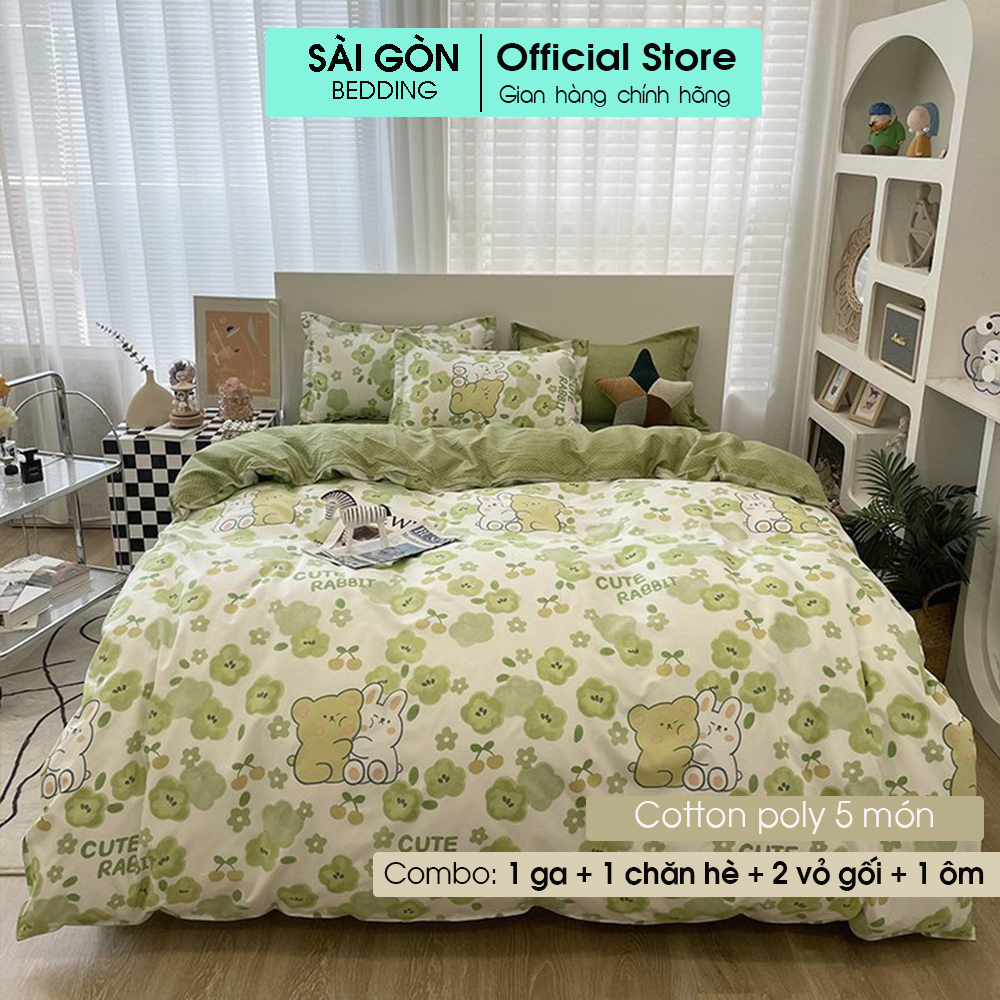 Bộ Chăn Ga Gối Cotton Poly SÀI GÒN Drap Giường 5 món nhiều size Ra Nệm M4 M6 M8 họa tiết dễ thương