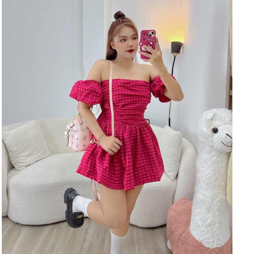 Áo trễ vai 2 lớp caro , áo nữ tay phồng body không mút xoè bí G32