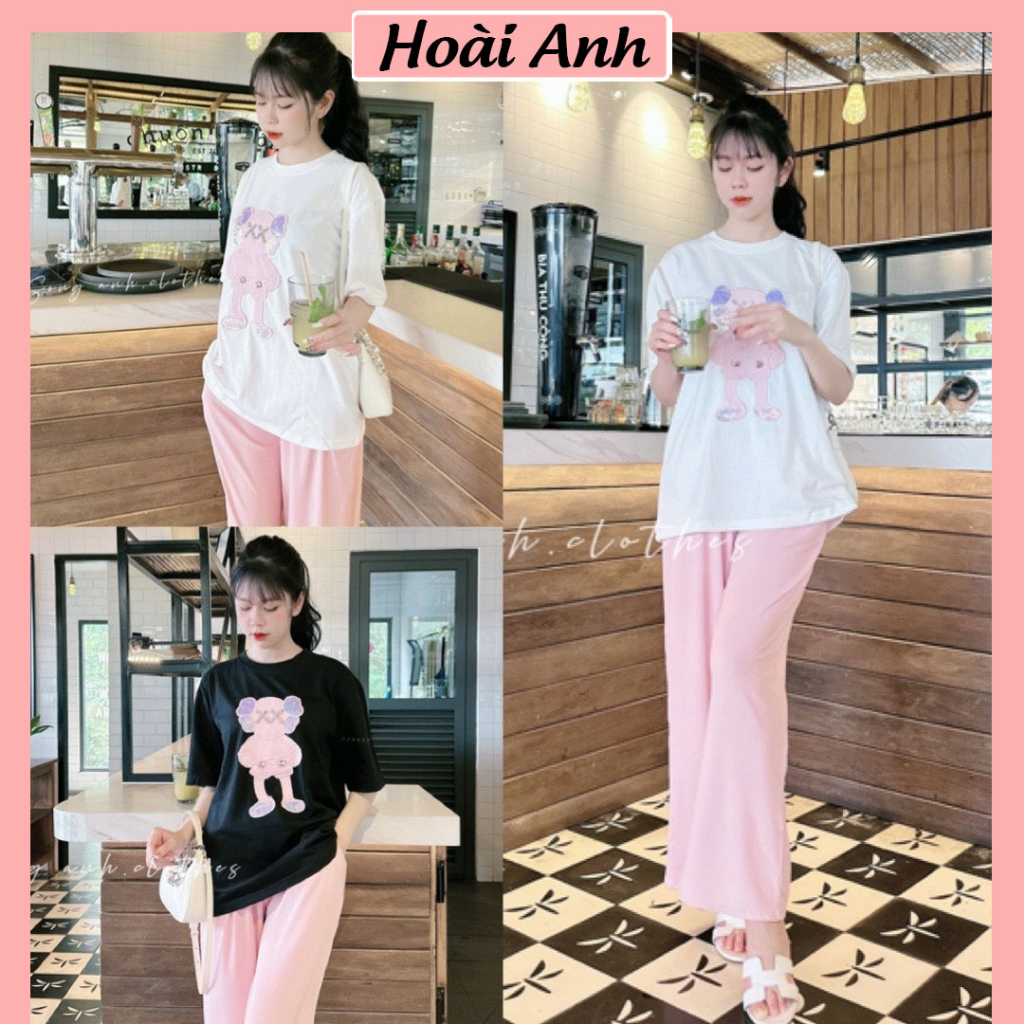 Set Bộ Đồ Nữ Áo Phông Gấu Kim Sa Đính Đá Mix Quần Tăm Ly Ống Suông Rộng Freesize
