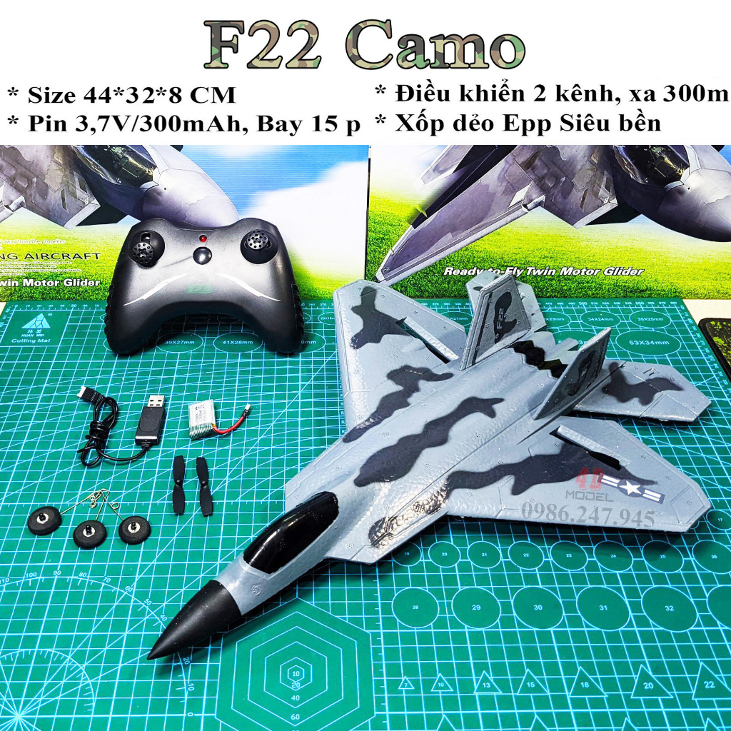 Máy Bay Điều Khiển 2 kênh F-22 Raptor (FX-822). Size 44*32*12cm. Pin bay 15 phút.xốp dẻo ,bền đẹp dễ chơi