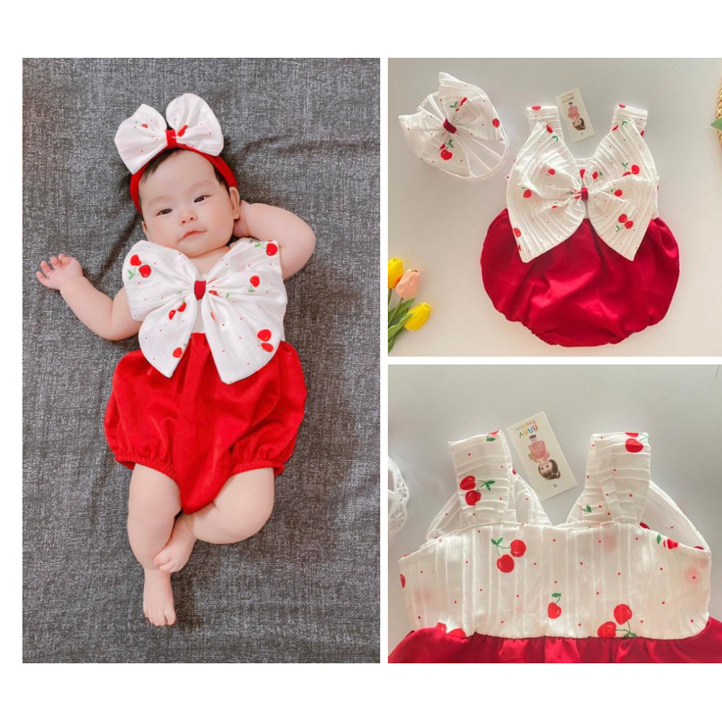 Body sơ sinh đủ size 3-13kg họa tiết cherry đỏ phối nơ to xinh xắn tặng kèm nơ đầu