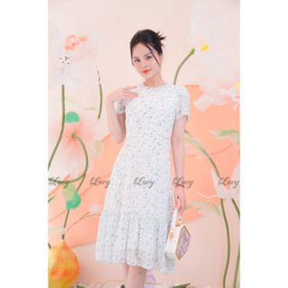 Đầm xoè Tiffany 7895 voan hoa nhí cổ bèo tay đắp váy Lucy