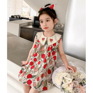 Váy sát nách hoạ tiết hoa tulip cổ thêu cho bé 8-20 kg
