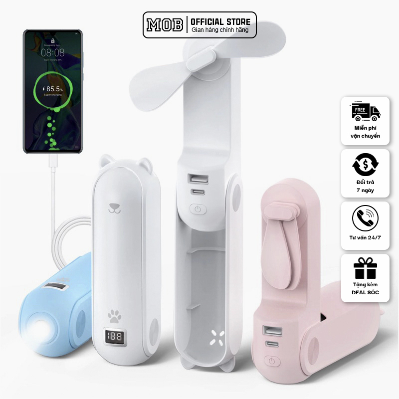 Quạt mini cầm tay gấp gọn MOB-Q03 quạt tích điện đa năng tích hợp đèn pin và sạc dự phòng 2000mAh