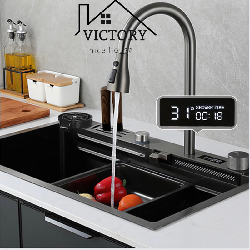 Chậu rửa bát 1 hố kèm vòi thác 3 chế độ bồn rửa chén 1 hộc lớn bồn rửa chén 1 ngăn