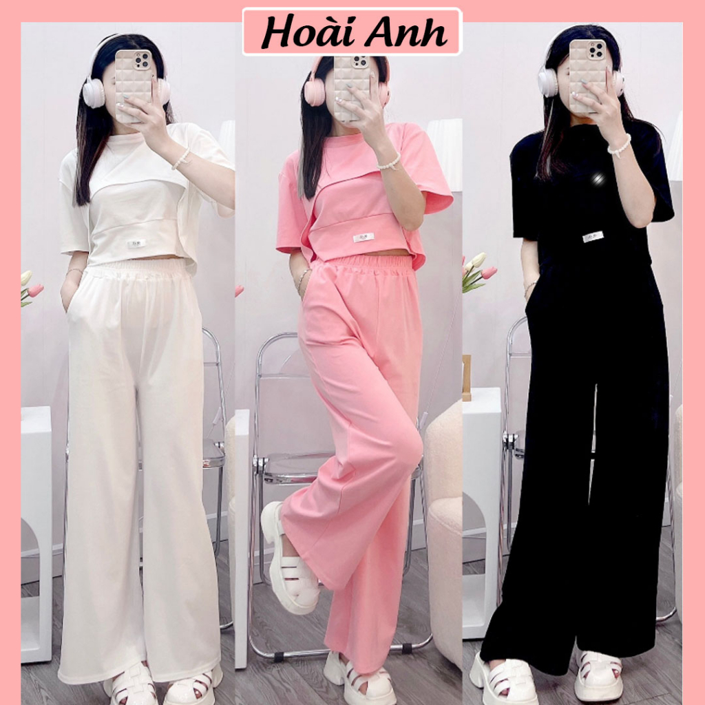 Set Bộ 3 Món Áo Croptop Ngắn Tay Mix Quần Suông Ống Rộng Freesize