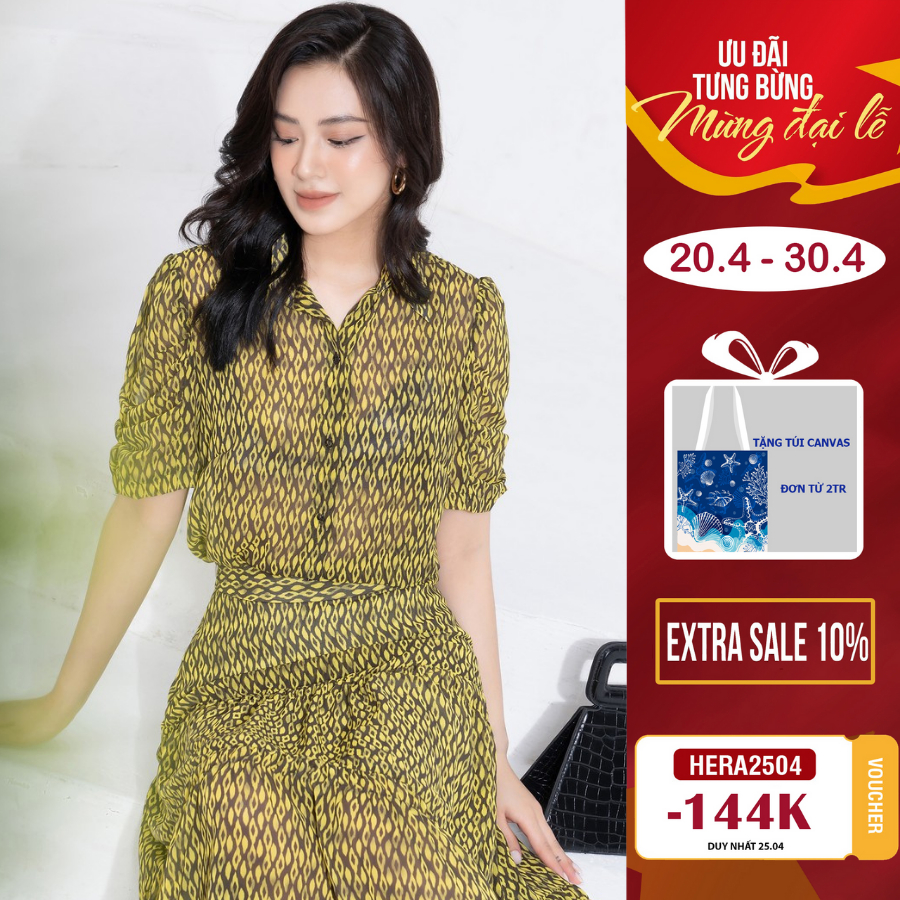 Áo sơ mi ngắn tay cổ đức HeraDG thiết kế nhún tay cách điệu dáng suông đẹp chất liệu chiffon cao cấp STBB2075A