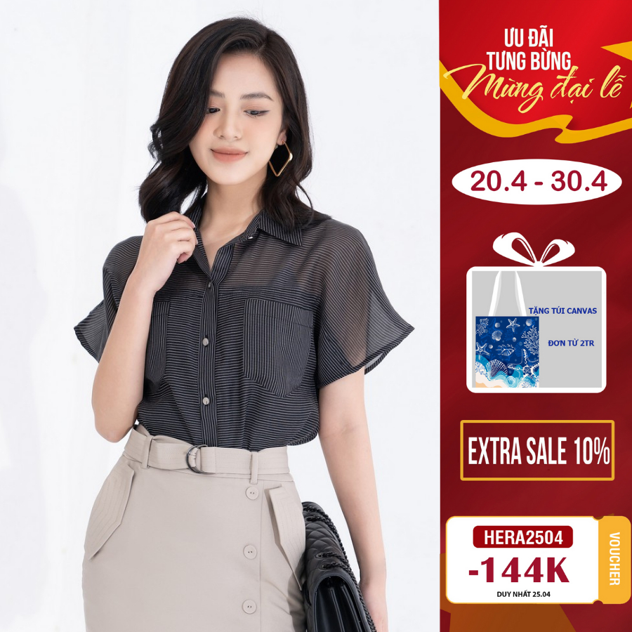 Áo sơ mi cổ đức tay liền HeraDG thiết kế túi ốp ngực chất liệu tơ cao cấp họa tiết kẻ nhí STBB5051A