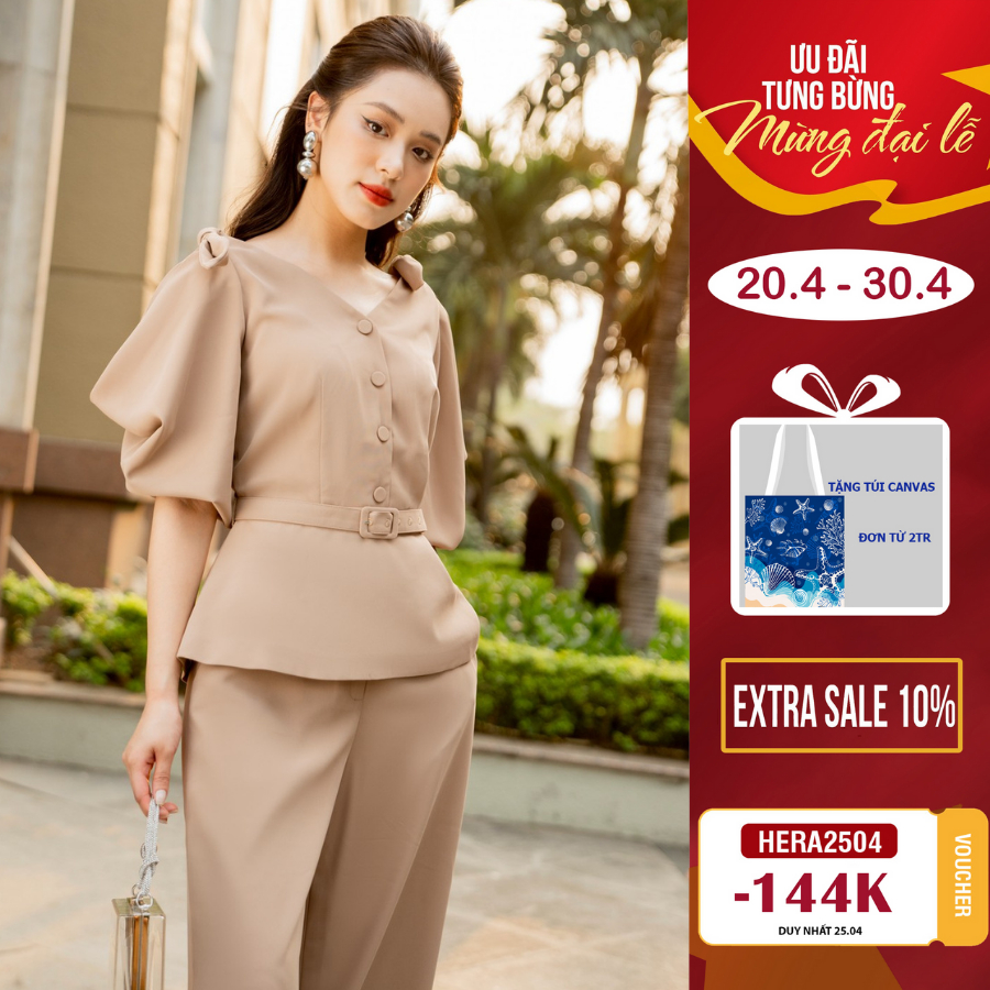 Áo kiểu peplum công sở HeraDG thiết kế cổ V ngang nơ vai đai eo rời chất liệu Tuytsi cao cấp STBC3002A