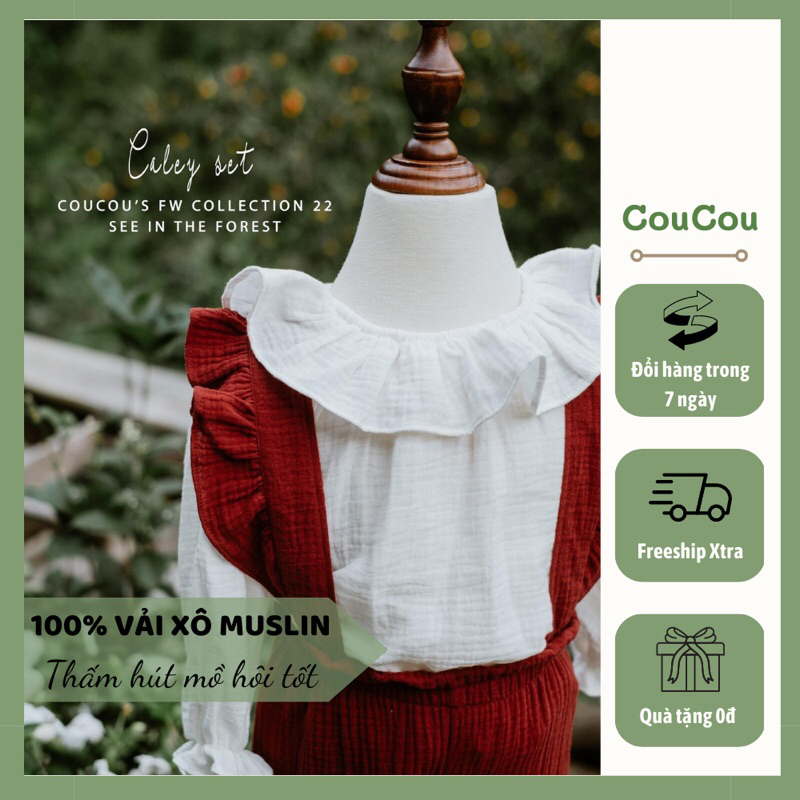 Set yếm dài bé gái Caley CouCou vải xô Muslin đỏ nâu - trắng thoáng mát thấm hút mồ hôi tốt