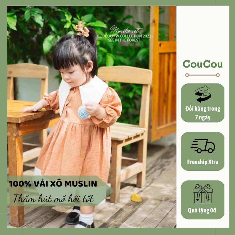 Đầm bé gái tiểu thư baby doll Moriko CouCou vải xô Muslin màu nâu thoáng mát thấm hút mồ hôi tốt
