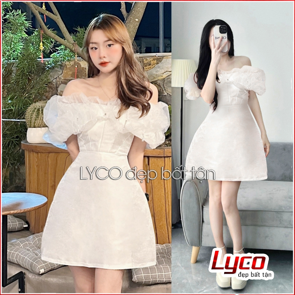 Đầm nữ trễ vai phối ren kim tuyến óng ánh đính đá mặc đám cưới, cô dâu đi bàn, dự tiệc sang chảnh
