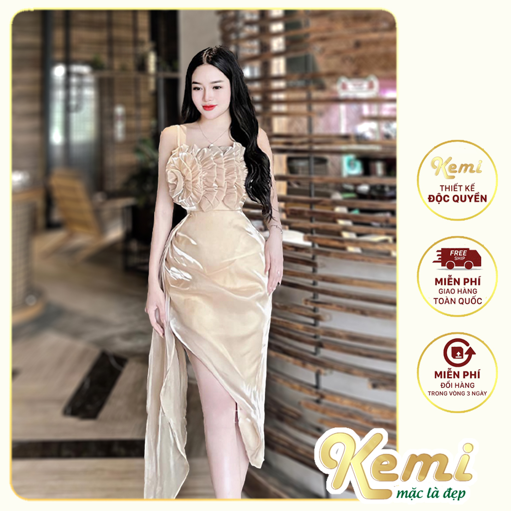 Đầm dạ hội dự tiệc sang chảnh 2s ngực kết hoa váy xẻ tà chất vải tơ óng mềm mại ôm body duyên dáng quyến rũ Kemi