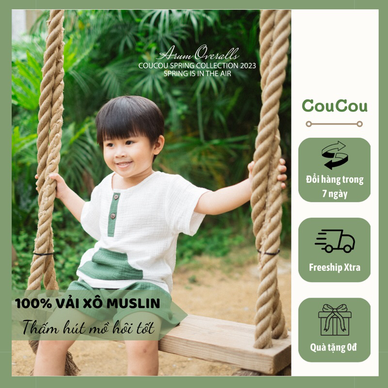 Set bộ đùi bé trai Arum Overalls CouCou vải xô Muslin xanh rêu thoáng mát thấm hút mồ hôi tốt