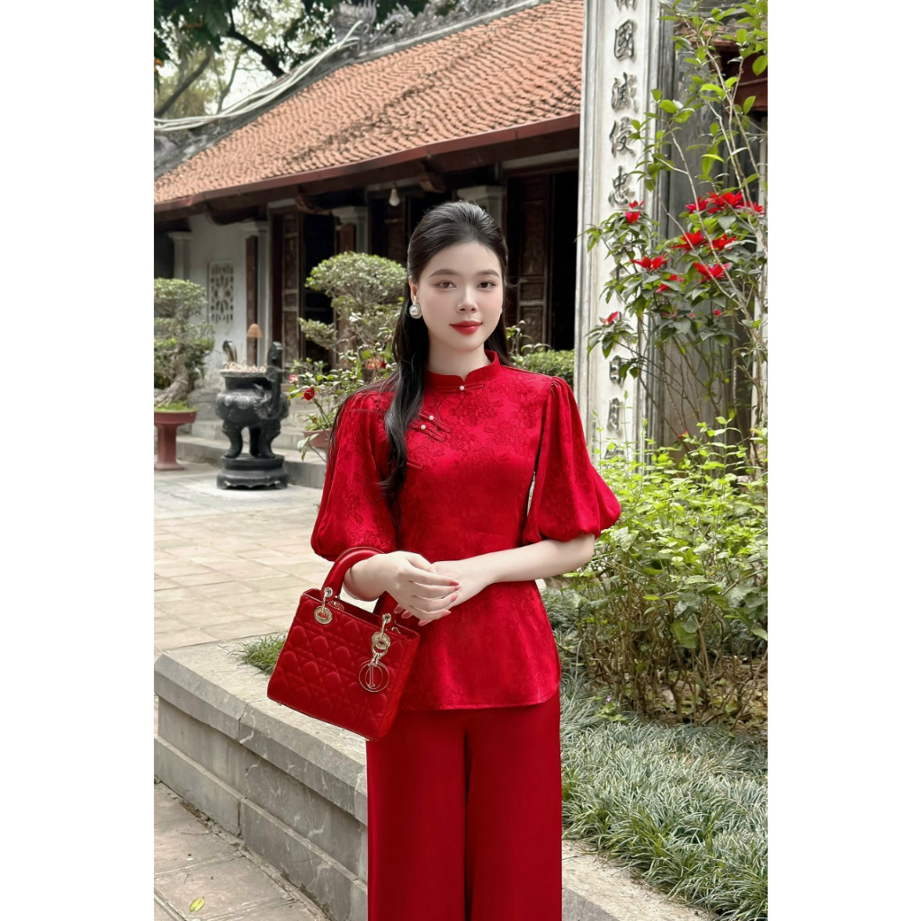 Bộ bà ba cách tân gấm hoa tay bí nút tàu, áo gấm bà ba nữ kiểu tàu, áo dài cách tân cao cấp đồ Lam đi lễ chùa áo phật tử