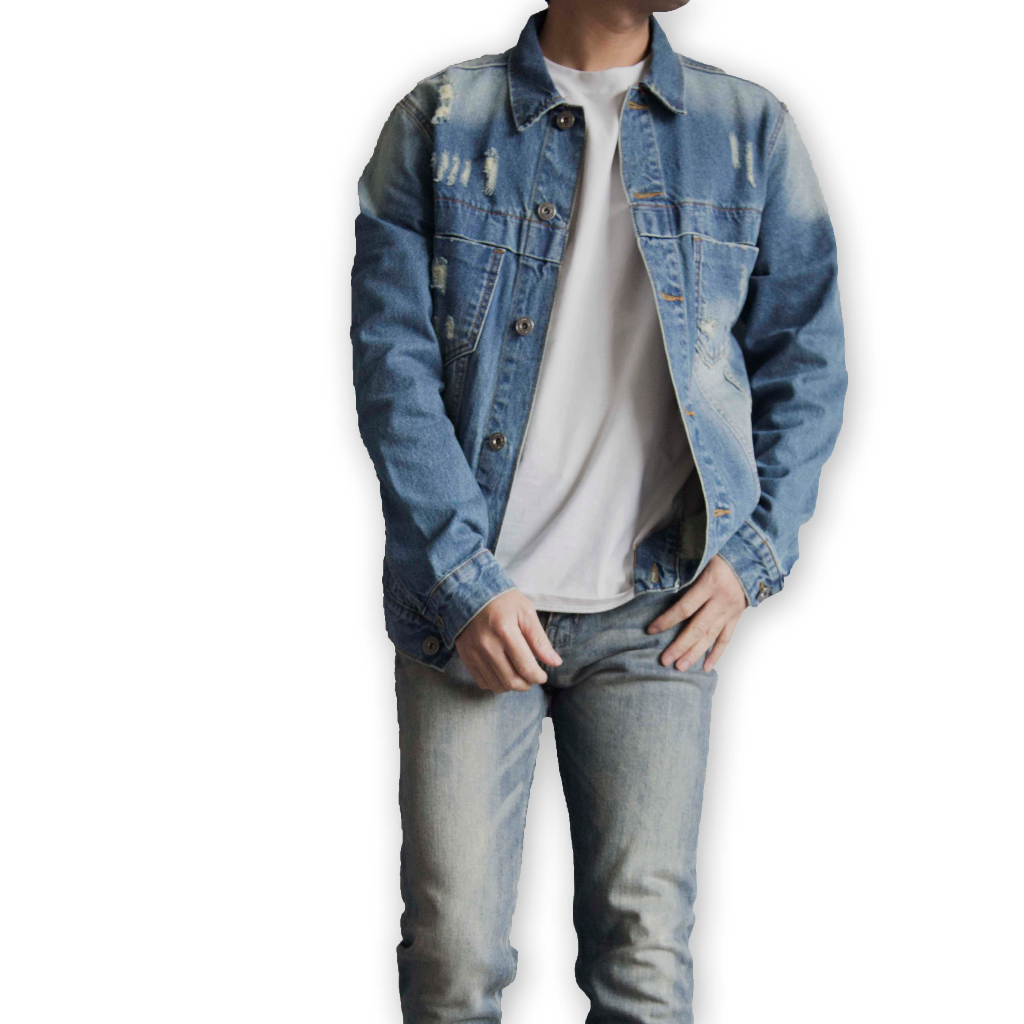 Áo khoác jean nam, áo denim LAB+COTTONLAB,màu xanh, rách - AJZR911