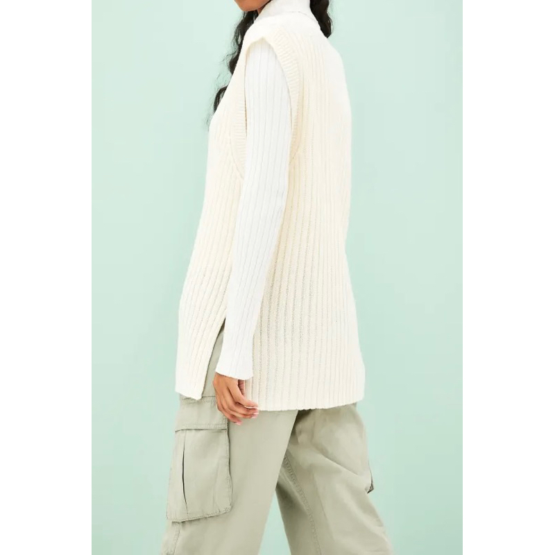 H&M Đức - Áo vest len dáng dài cổ V xẻ vạt màu be sale auth cao cấp new tag chính hãng có sẵn 1091782002 sát nách dài