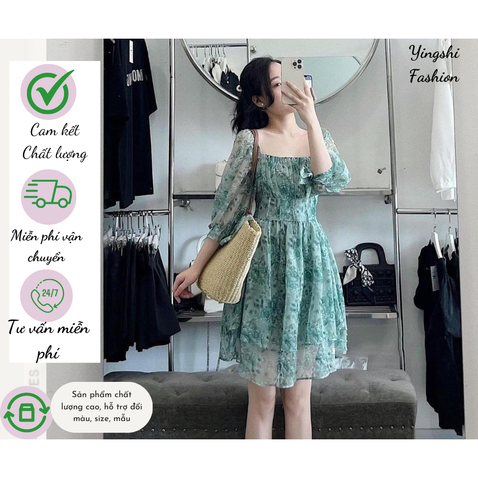 """ 𝓑𝓵𝓾𝓮 𝓡𝓸𝓼𝓮 𝓭𝓻𝓮𝓼𝓼 "" Váy hoa hồng xanh cổ vuông tay lỡ