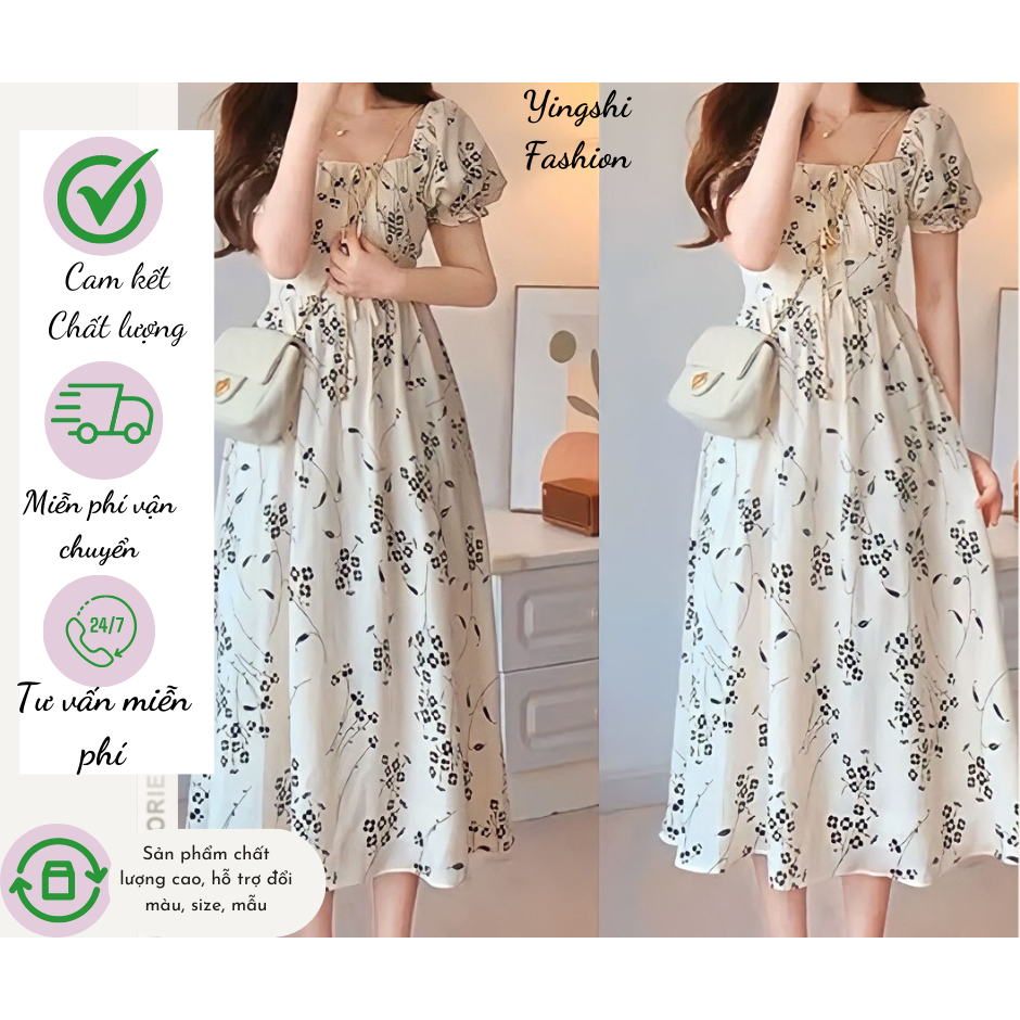 VÁY- ĐẦM HOA NHÍ( CÓ BIGSIZE) HÀNG THIẾT KẾ DÁNG DÀI CỔ VUÔNG NỮ TÍNH NHẸ NHÀNG