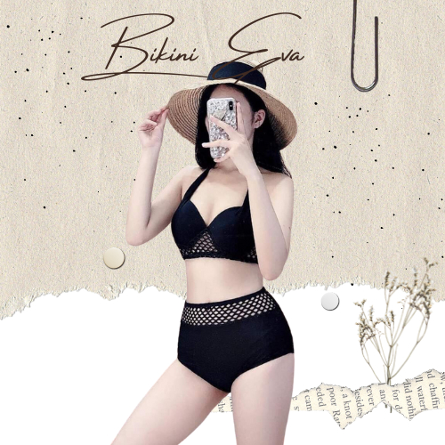Bikini bộ bơi đồ bơi nữ áo gọng nâng ngực quần cạp cao phối lưới đen EVA GLD