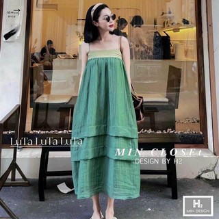Váy hai dây maxi tầng vải đũi mát