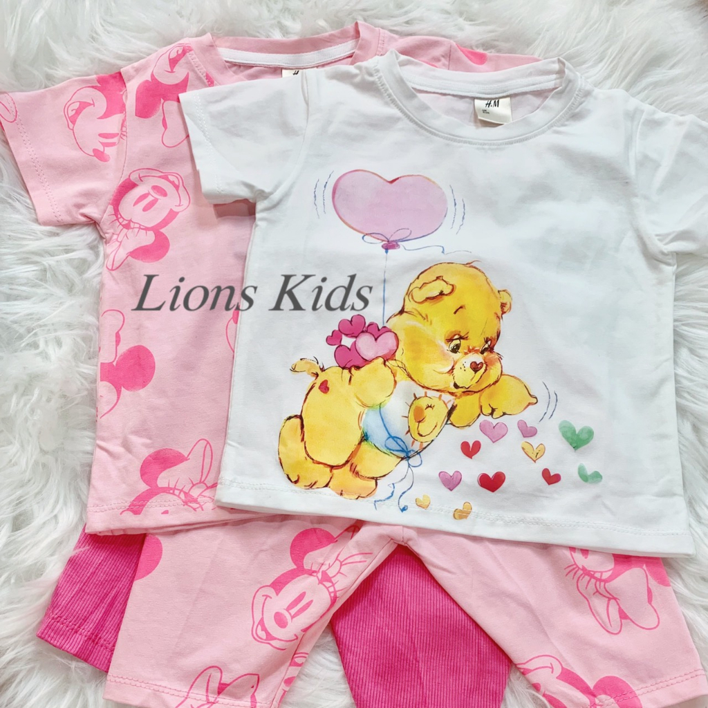 Bộ ngố lửng sét 2 bộ Xuất dư H.M xịn chất coton mát mịn mặc ở nhà đi chơi hình mickey hồng và trắng gấu _B62