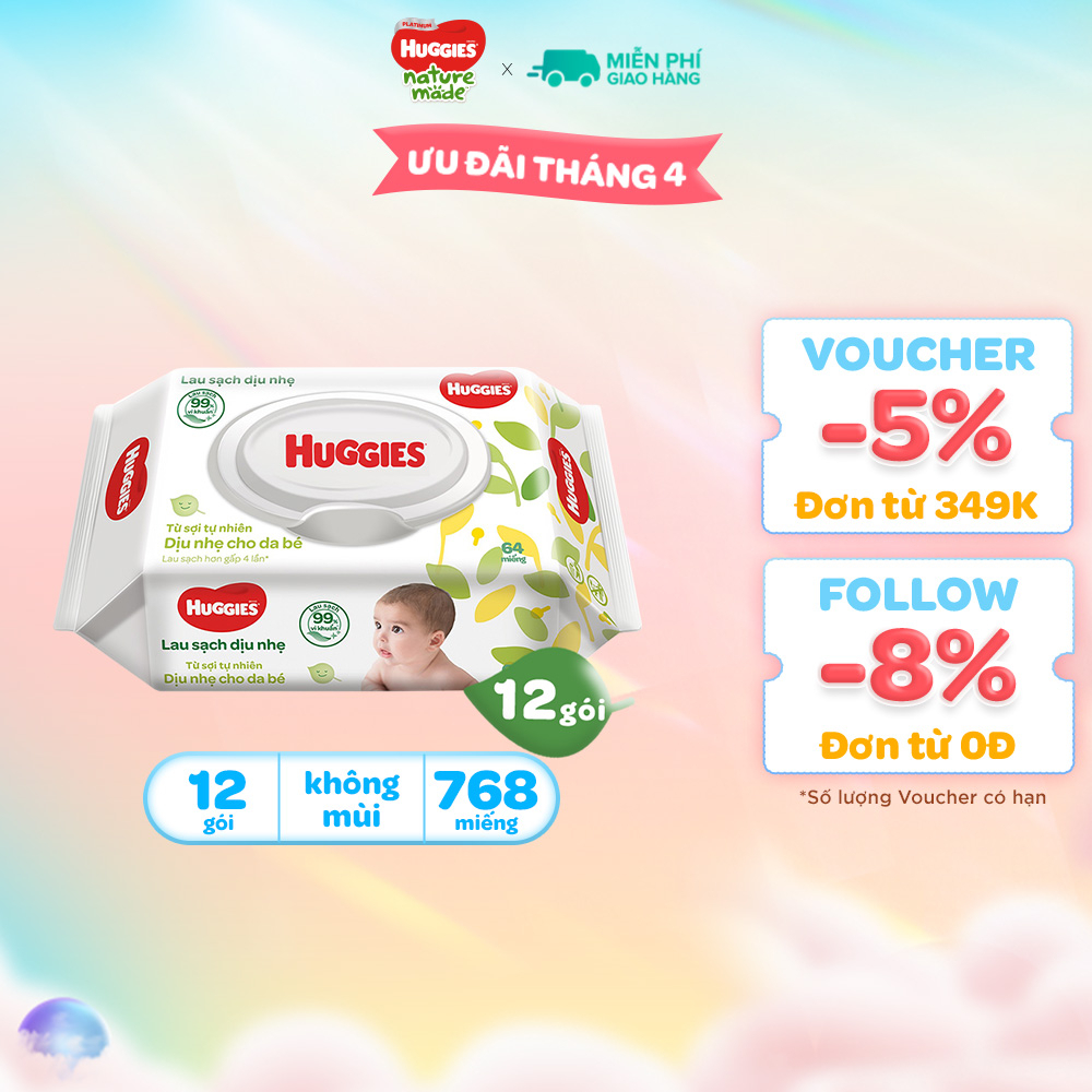 Thùng 12 gói khăn giấy ướt cho trẻ sơ sinh HUGGIES (Gói 64 tờ)