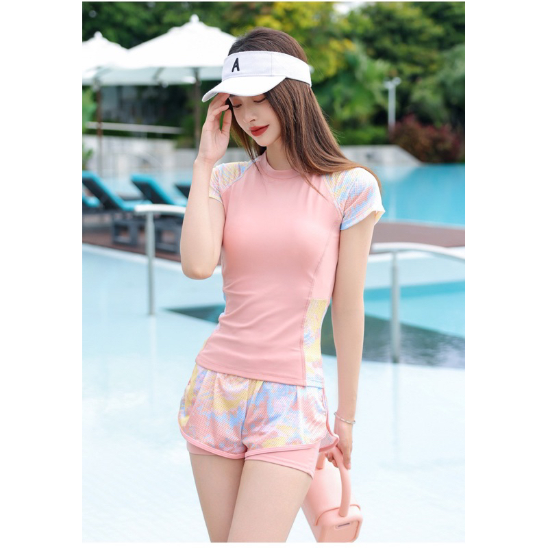 Đồ bơi nữ hãng YLIKE  bikini ngắn tay trẻ trung quần 2 lớp che bụng kín đáo