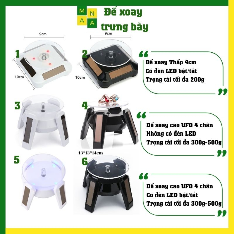 Đế xoay trưng bày sản phẩm có đèn LED pin hoặc năng lượng mặt trời bàn xoay trưng bày. MANA