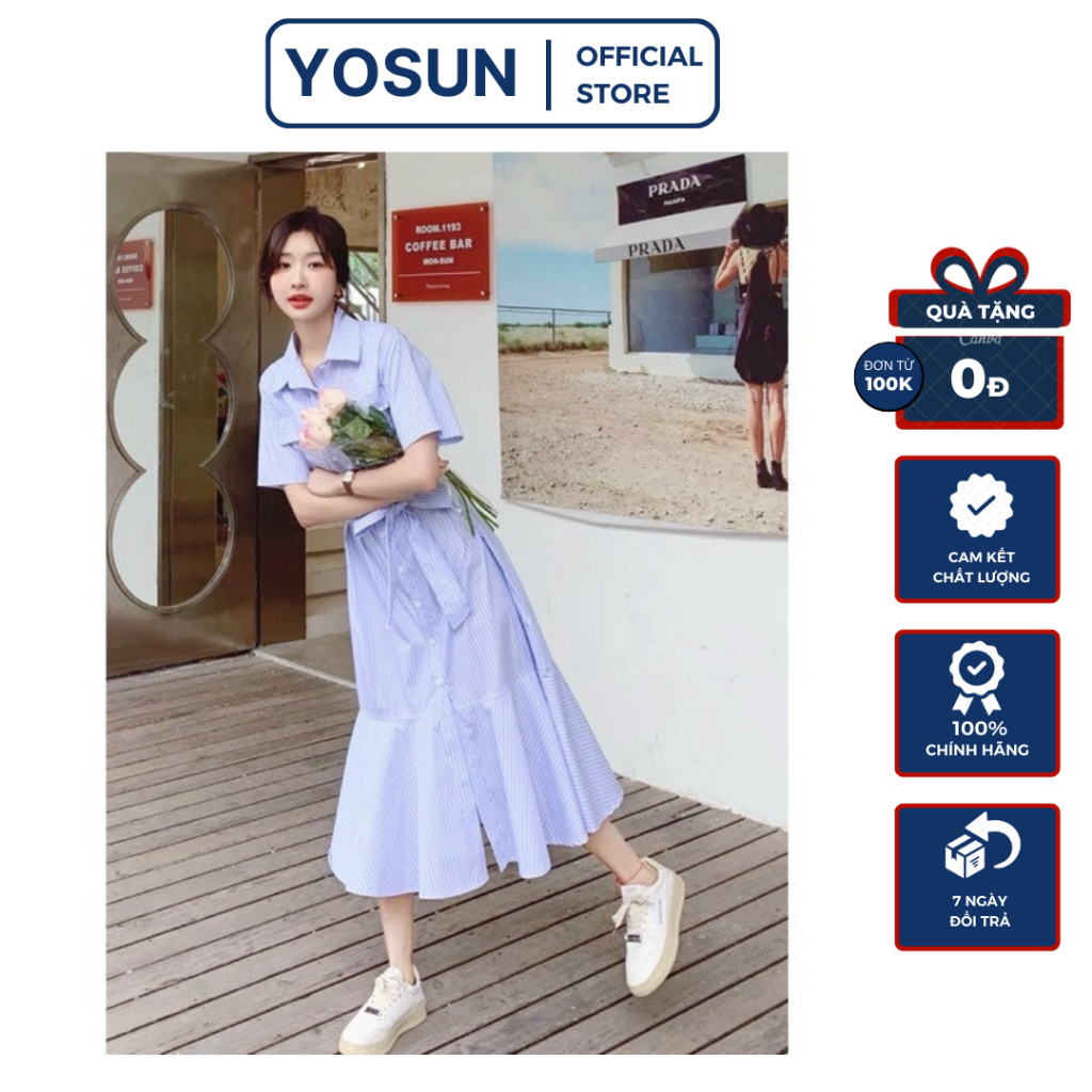 Đầm Sơ Mi Nữ Túi Trước Xẻ Tà Thắt Dây Eo Hiện Đại, Đầm Nữ Đi Chơi Form Dài Dáng Xòe Đuôi Cá Tay Ngắn Sọc Xanh