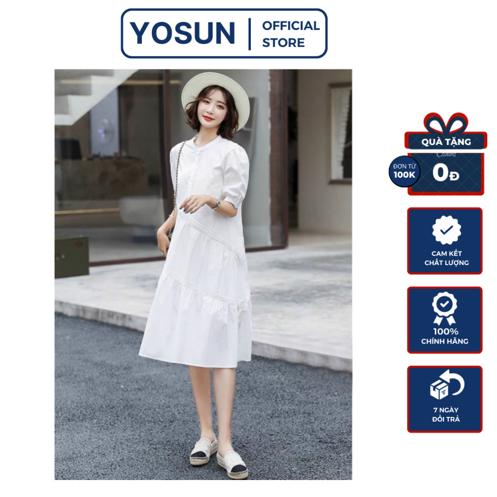 Đầm Nữ Cổ Trụ Cài Nút Tay Ngắn Tà Xếp Li Xéo Hiện Đại, Đầm Váy Nữ Dạo Mall Midi Dáng Xòe Basic Màu Xanh Trắng