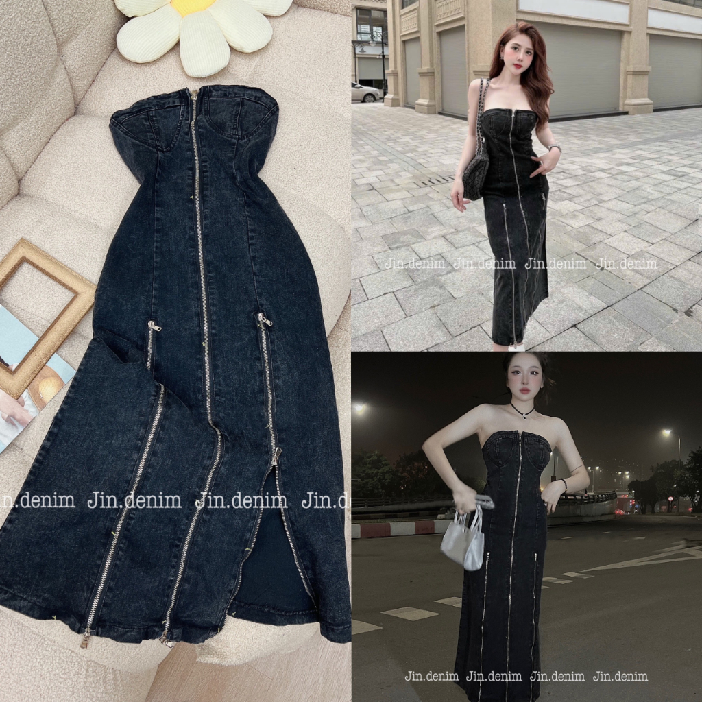 Váy đầm jean body vải bò denim cúp ngực, khóa kéo dọc trước ngực, bó body sexy quyến rũ thiết kế cao cấp 015