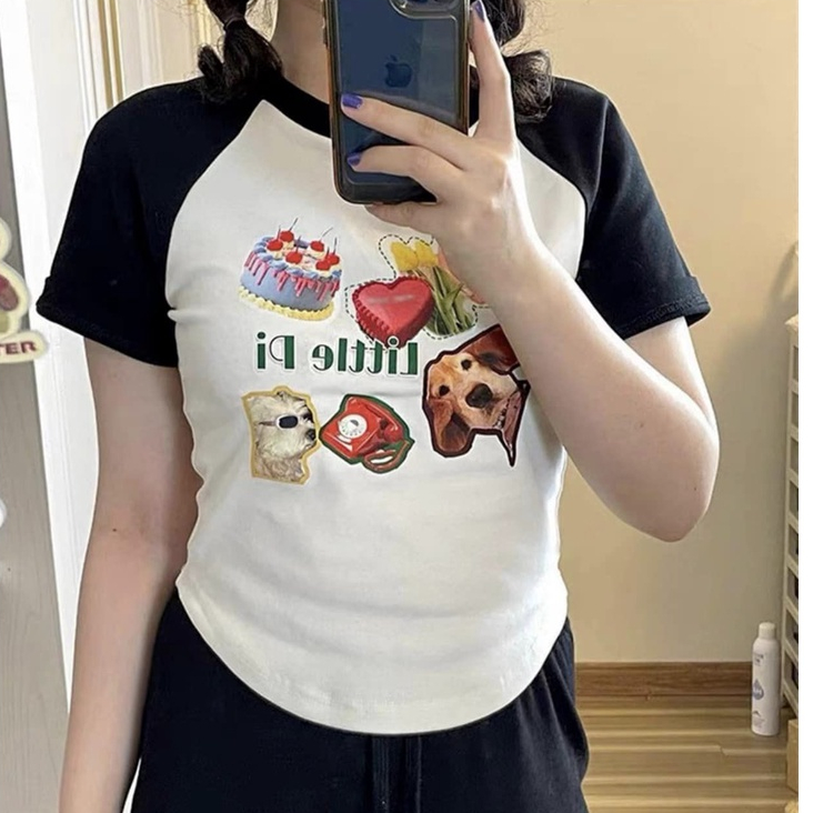 Áo Thun Baby tee Chất Thun Co Dãn In Hình Dễ Thương, Áo Croptop Nữ Ôm Body Raglan Năng Động Trẻ Trung