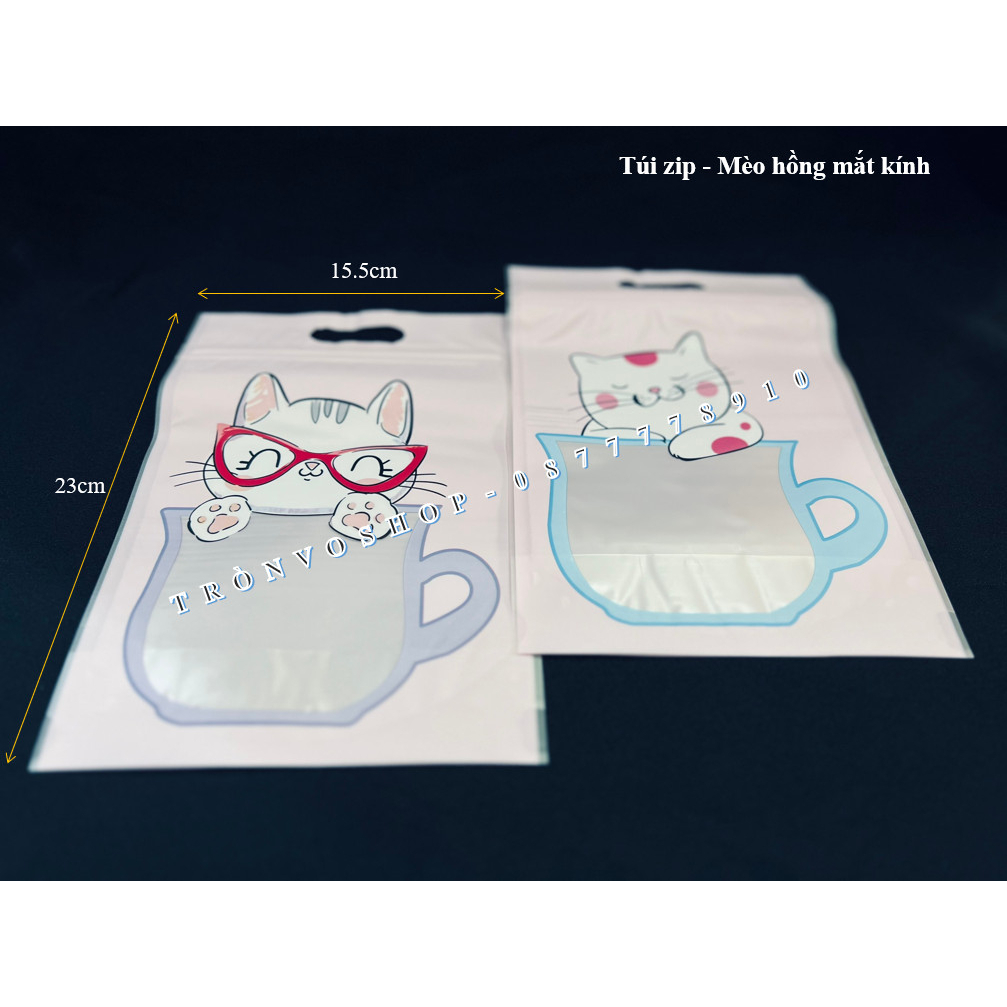 Túi zip - Mèo hồng mắt kính - size 15.5*23cm [ 48~50c/xấp ]