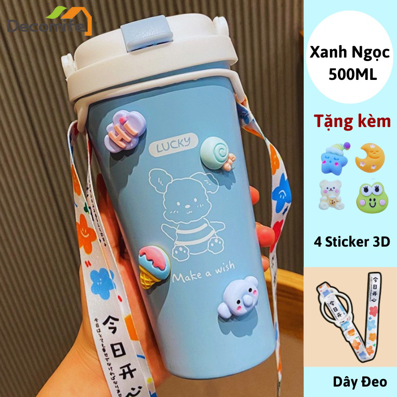 Bình nước giữ nhiệt cute có sticker và ống hút kiểu dáng dễ thương 304 thép không gỉ 12h cách nhiệt cốc 500ml