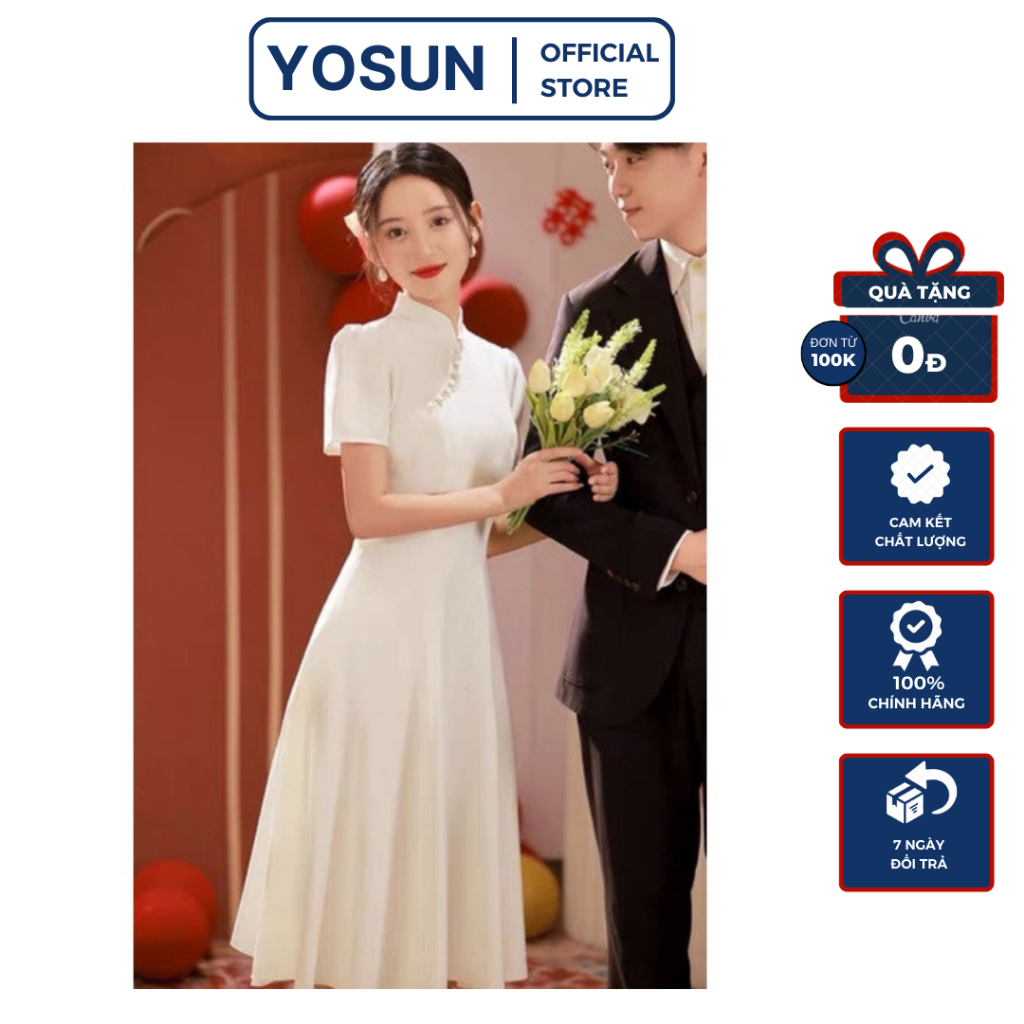 Đầm Nữ Cổ Áo Dài Đính Nút Ngọc Xéo Tay Ngắn Kín Đáo Sang Trọng, Đầm Váy Nữ Đi Đám Cưới Midi Dáng Xòe Màu Trắng