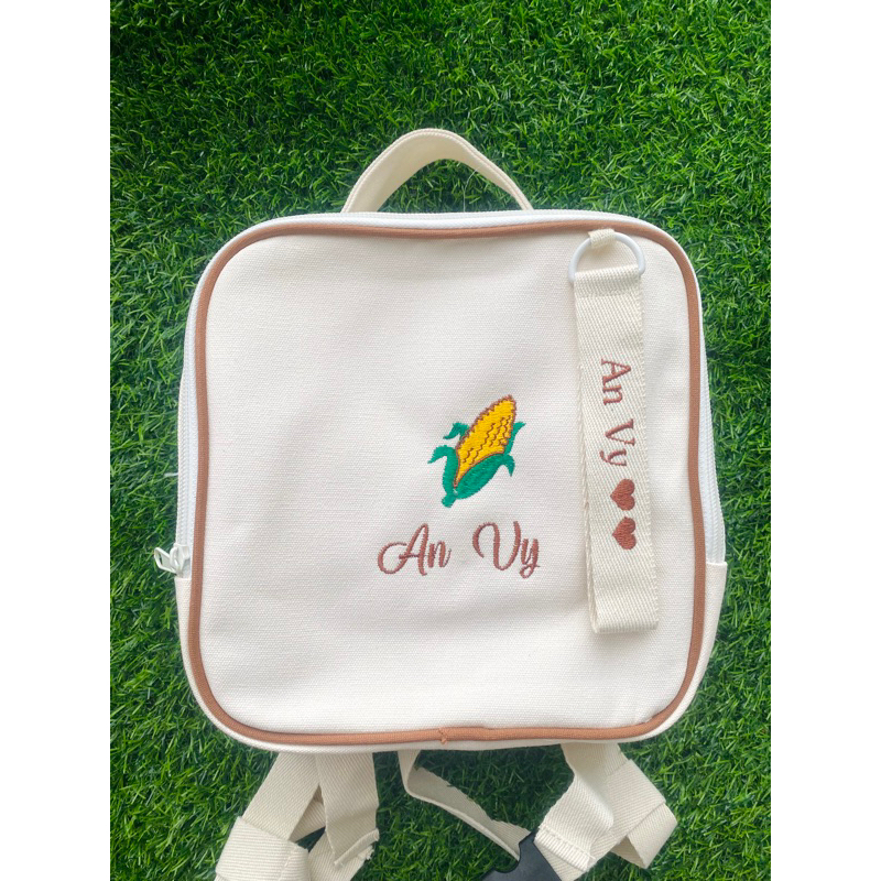 Balo Thêu tên bé theo yêu cầu phiên bản Hồng, nâu, kem
